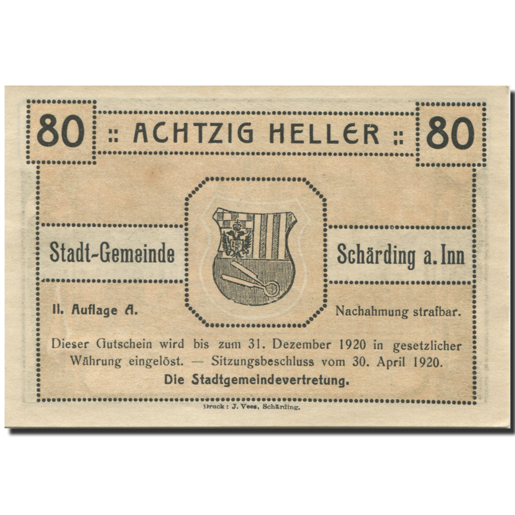 Banknote, Austria, Schärding, 80 Heller, château 1920, UNC(63) Mehl:FS 951IIb