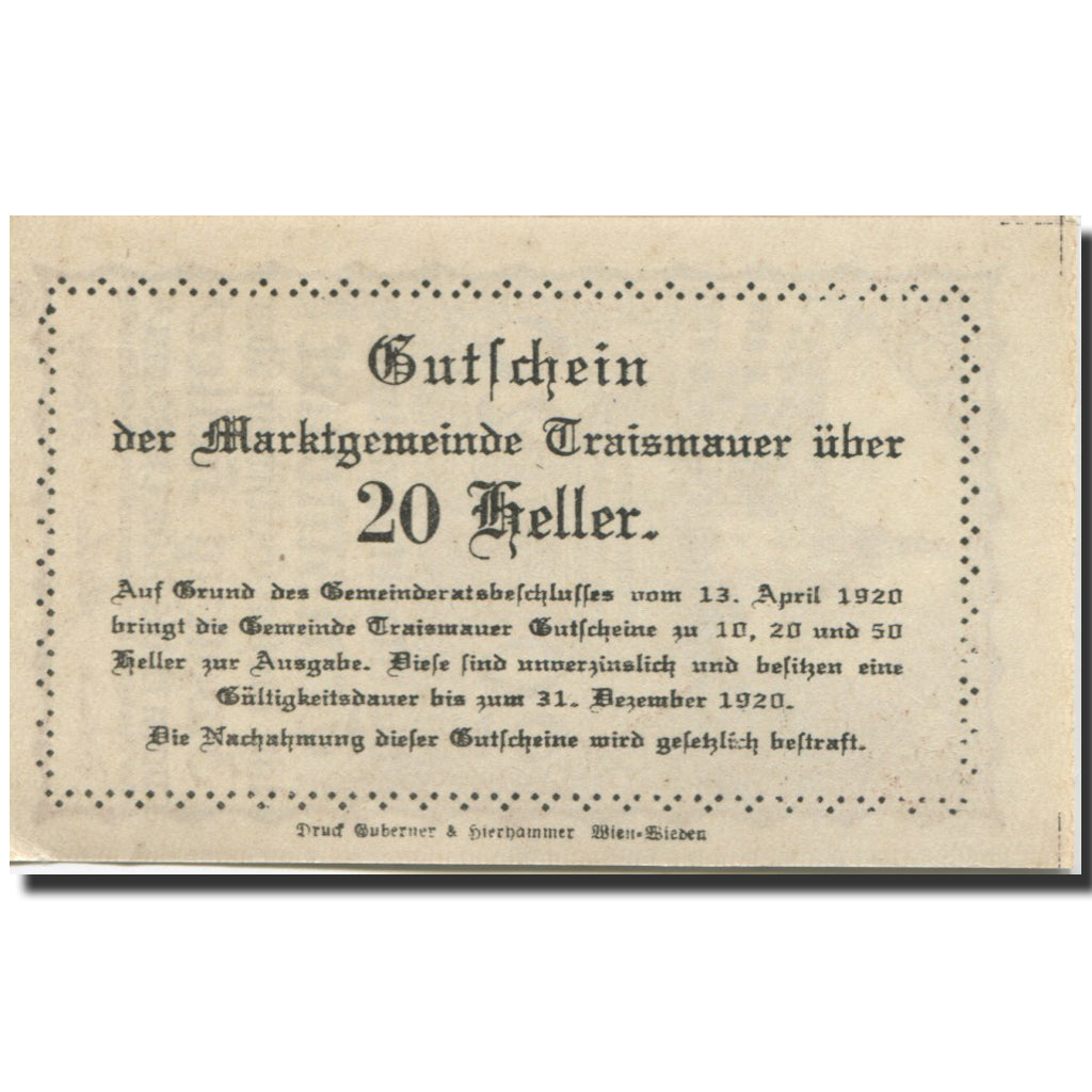 Banknote, Austria, Traismauer, 20 Heller, Eglise 1920, UNC(63) Mehl:FS 1078II