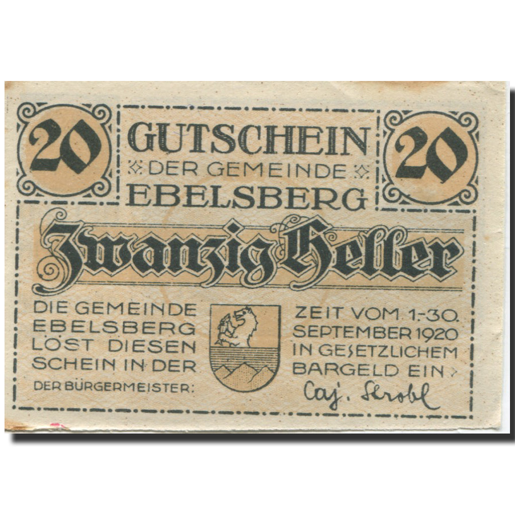 Banknote, Austria, Ebelsberg, 20 Heller, château, 1920 AU(55-58) Mehl:FS 140II