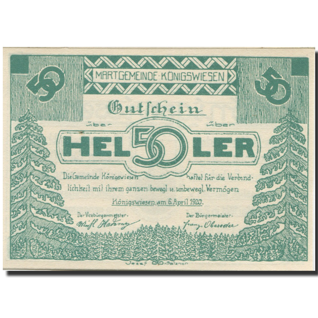 Banknote, Austria, Konigswiesen, 50 Heller, Forêt, 1921 UNC(63) Mehl:FS 464