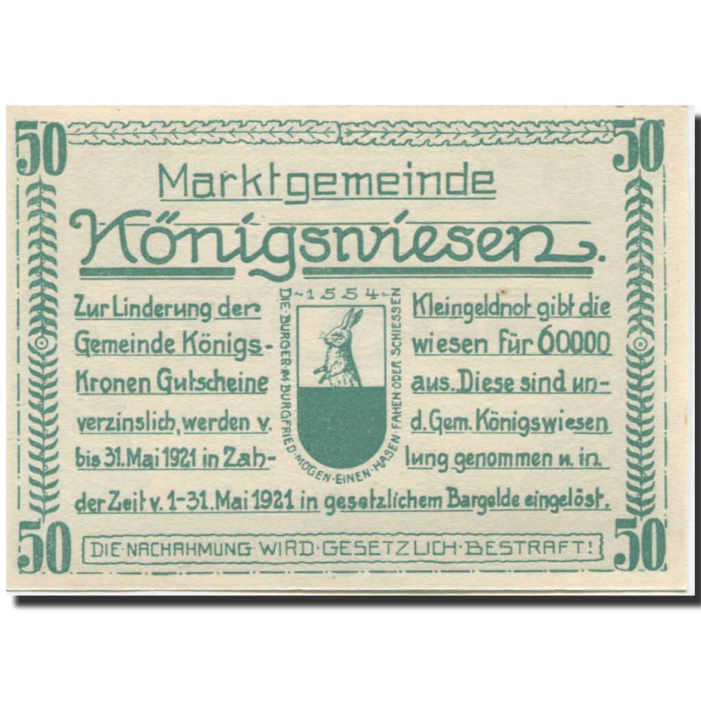 Banknote, Austria, Konigswiesen, 50 Heller, Forêt, 1921 UNC(63) Mehl:FS 464