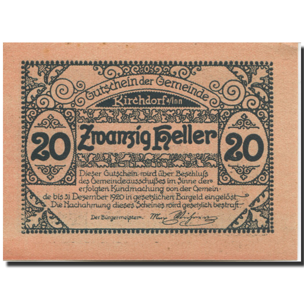 Banknote, Austria, Kirchdorf, 20 Heller, Eglise, 1920, UNC(63) Mehl:FS 444a