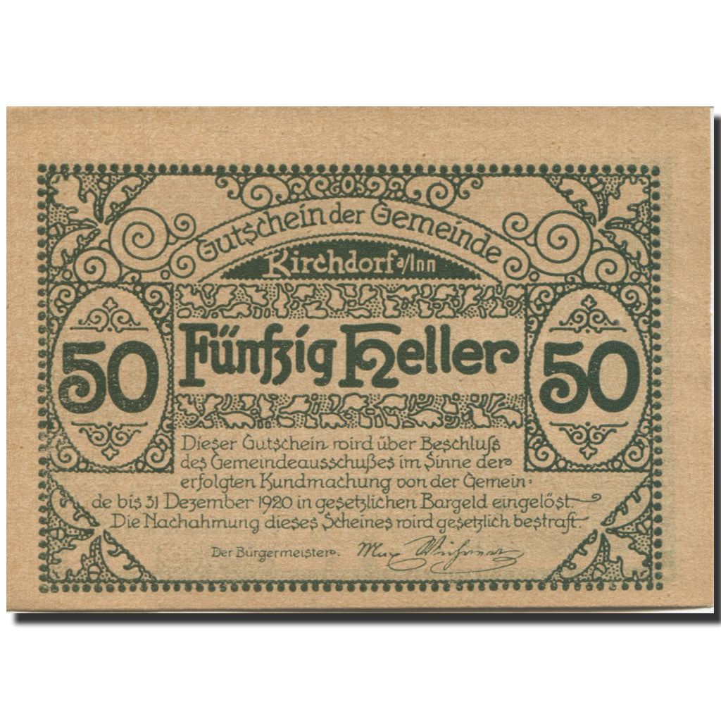 Biljet, Oostenrijk, Kirchdorf, 50 Heller, Eglise 1920-12-31, SPL Mehl:FS 444a