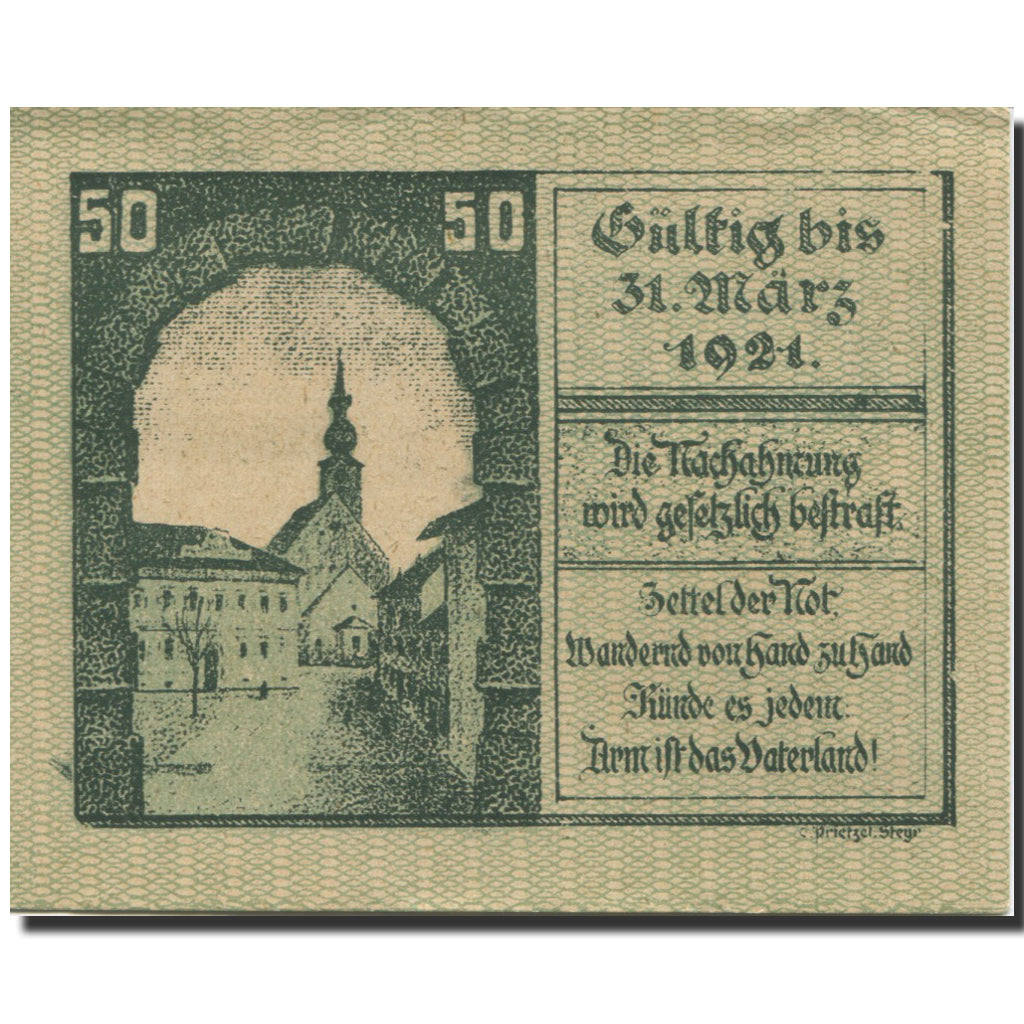 Banknote, Austria, Kirchdorf, 50 Heller, château, 1921 UNC(63) Mehl:FS 445Ib