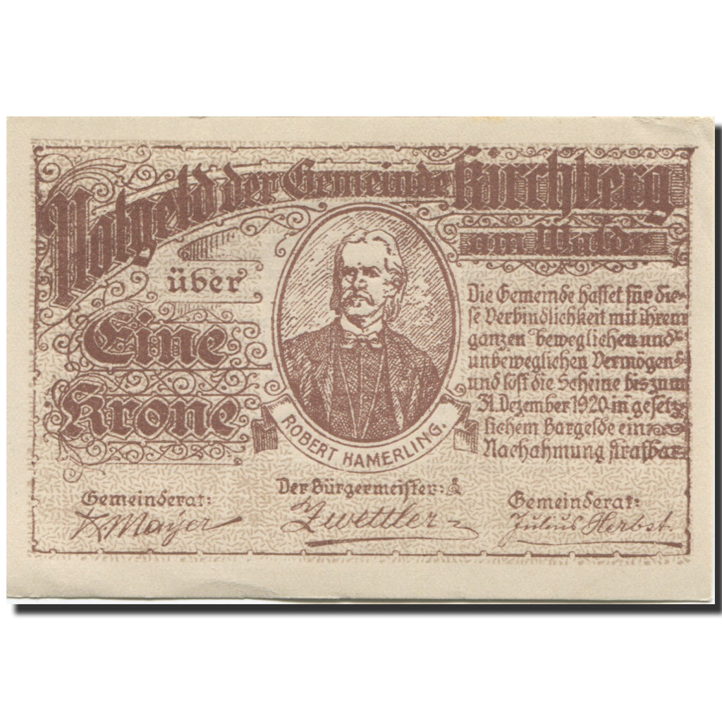 Banknote, Austria, Kirchberg, 1 Krone, portrait, 1920 UNC(63) Mehl:FS 440a