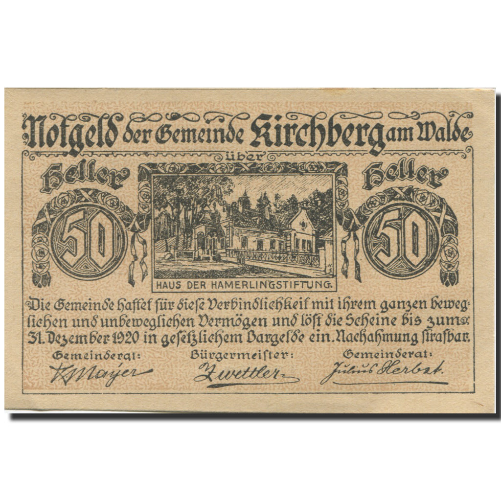 Banknote, Austria, Kirchberg, 50 Heller, village, 1920 UNC(63) Mehl:FS 440a