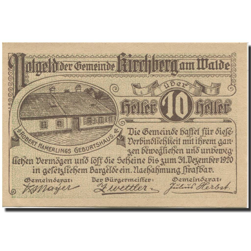Biljet, Oostenrijk, Kirchberg, 10 Heller, ferme 1, 1920-12-31, SPL Mehl:FS 440a