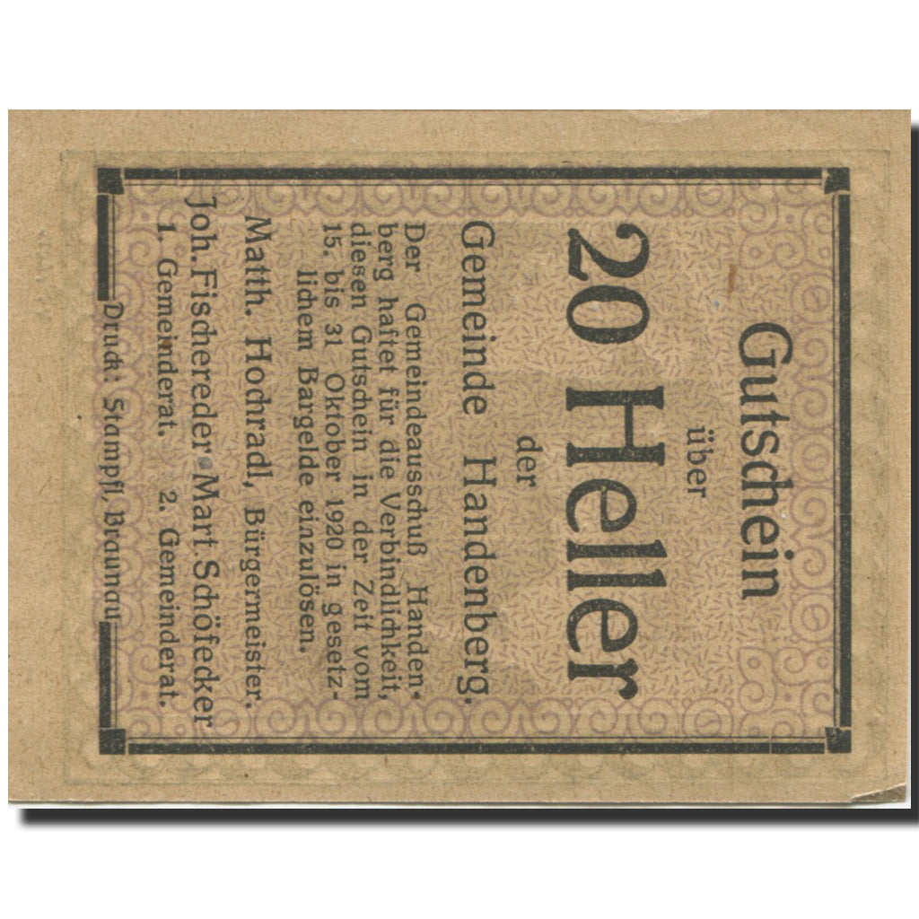 Biljet, Oostenrijk, Handenberg, 20 Heller, Eglise 1920-10-31, SPL Mehl:FS 347a