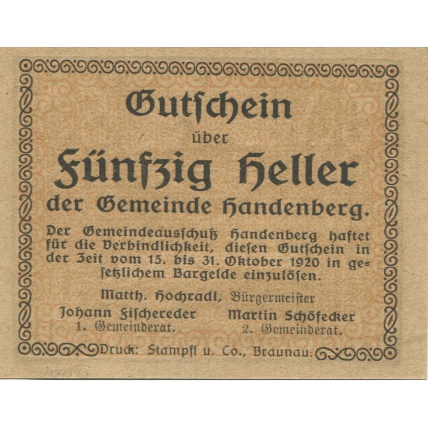 Banknote, Austria, Handenberg, 50 Heller, paysage, 1920, UNC(63) Mehl:FS 347a