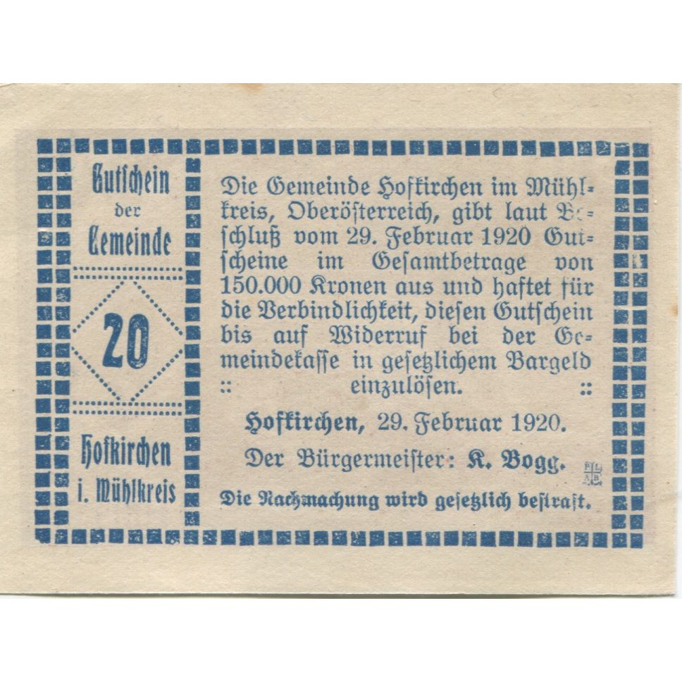 Banknote, Austria, Hofkirchen, 20 Heller, village, UNC(63), Mehl:FS 386Ib