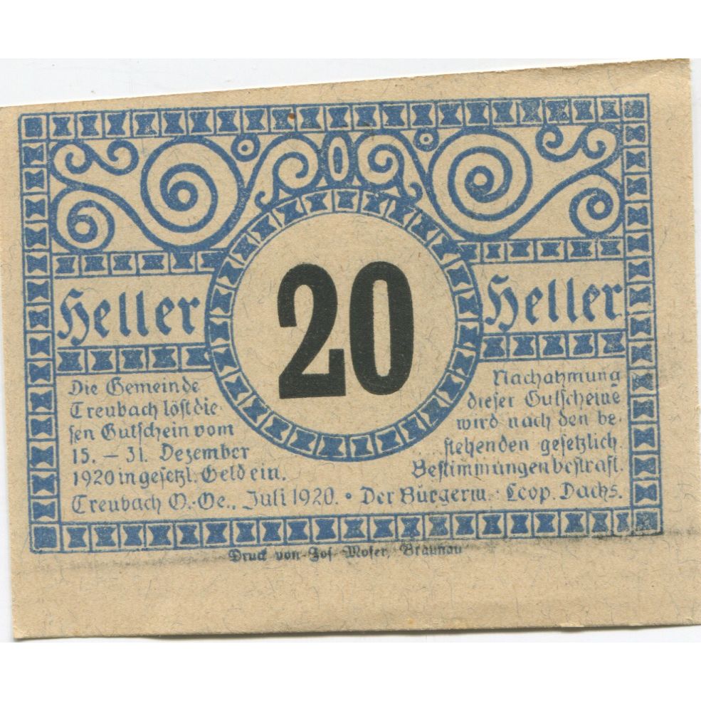 Banknote, Austria, Treubach, 20 Heller, champs, 1920 UNC(63) Mehl:FS 1082
