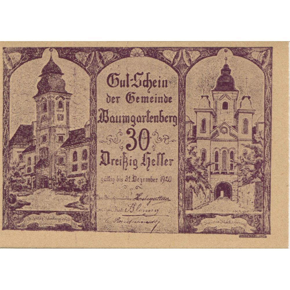 Banknote, Austria, Baumgarten, 30 Heller, Eglise, 1920 UNC(63) Mehl:FS 79a
