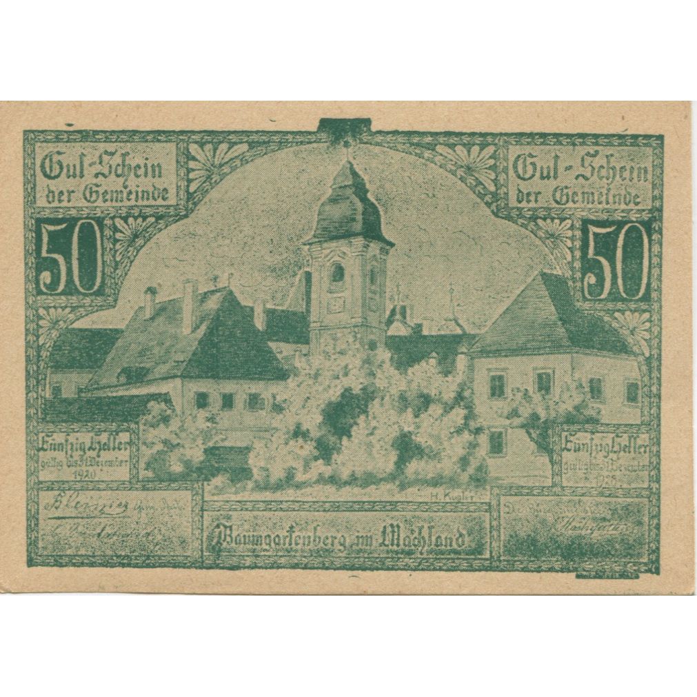Banknote, Austria, Baumgarten, 50 Heller, Eglise, 1920 UNC(63) Mehl:FS 79a
