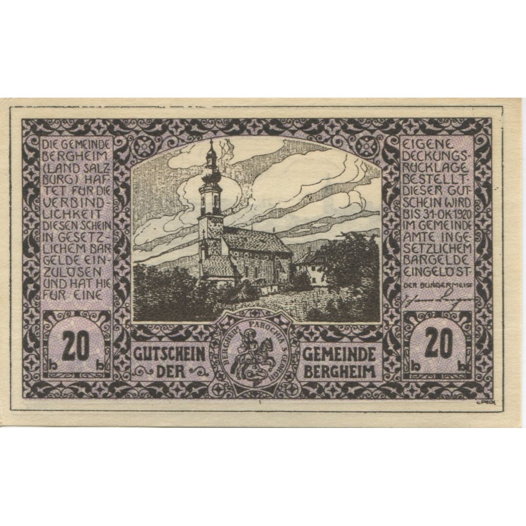Banknote, Austria, Bergheim, 20 Heller, Eglise, 1920 UNC(63) Mehl:FS 82I