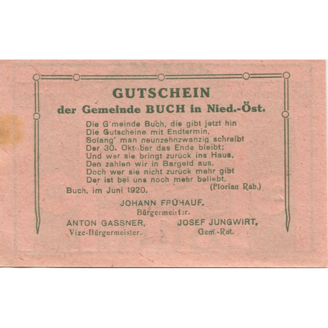 Banknote, Austria, Buch, 20 Heller, route 1920-10-30, UNC(63), Mehl:FS 113a