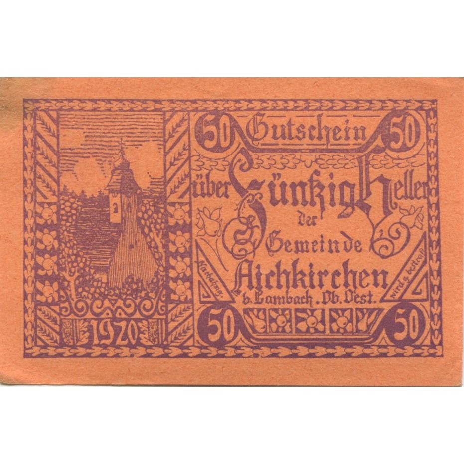 Banknote, Austria, Aichkirchen, 50 Heller, Eglise, 1921 UNC(63) Mehl:FS 11a