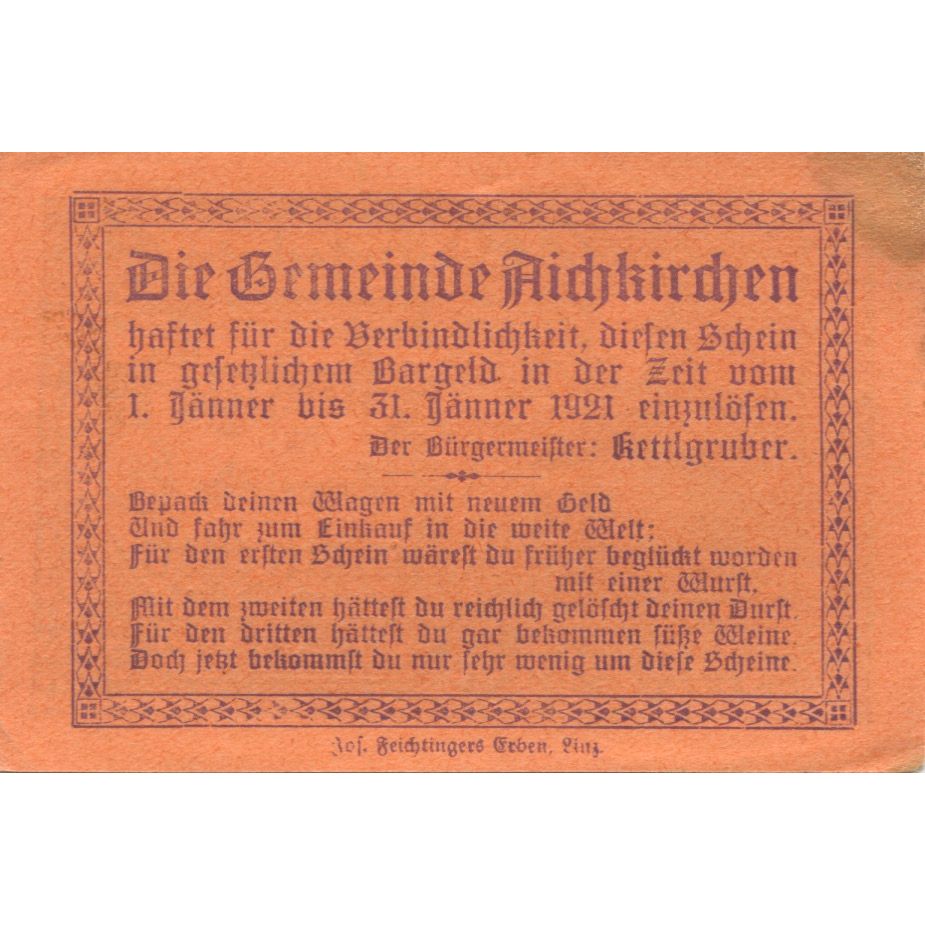Banknote, Austria, Aichkirchen, 50 Heller, Eglise, 1921 UNC(63) Mehl:FS 11a