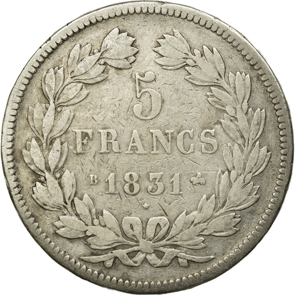 Moneta, Francia, Louis-Philippe, 5 Francs, 1831, Rouen, B+, Argento, KM:745.2