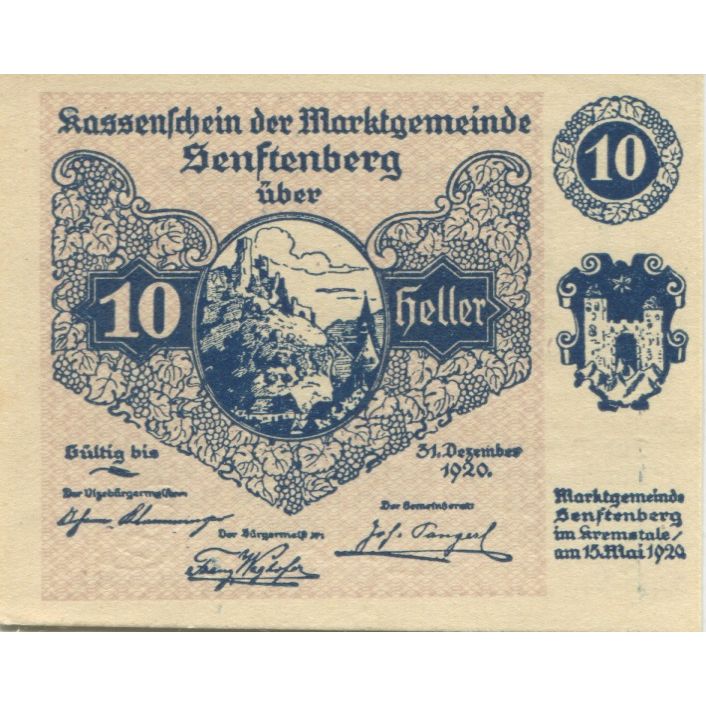 Banknote, Austria, Senftenberg, 10 Heller, château, 1920 UNC(63) Mehl:FS 993g