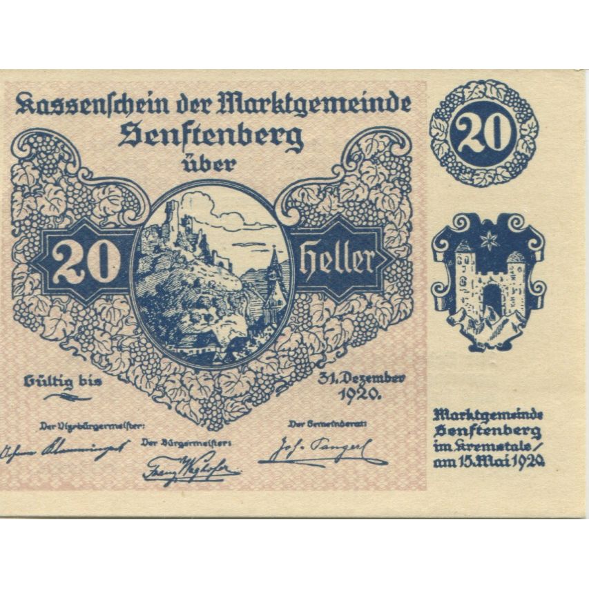 Banknote, Austria, Senftenberg, 20 Heller, paysage, 1920 UNC(63) Mehl:FS 993g