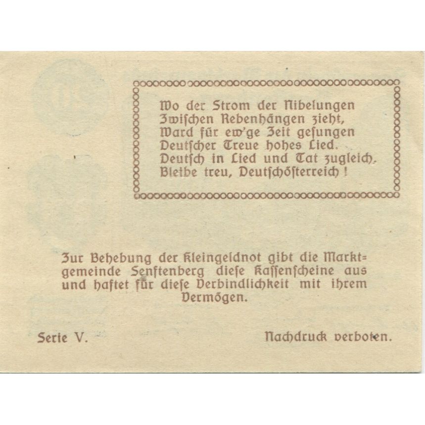 Banknote, Austria, Senftenberg, 20 Heller, paysage, 1920 UNC(63) Mehl:FS 993g
