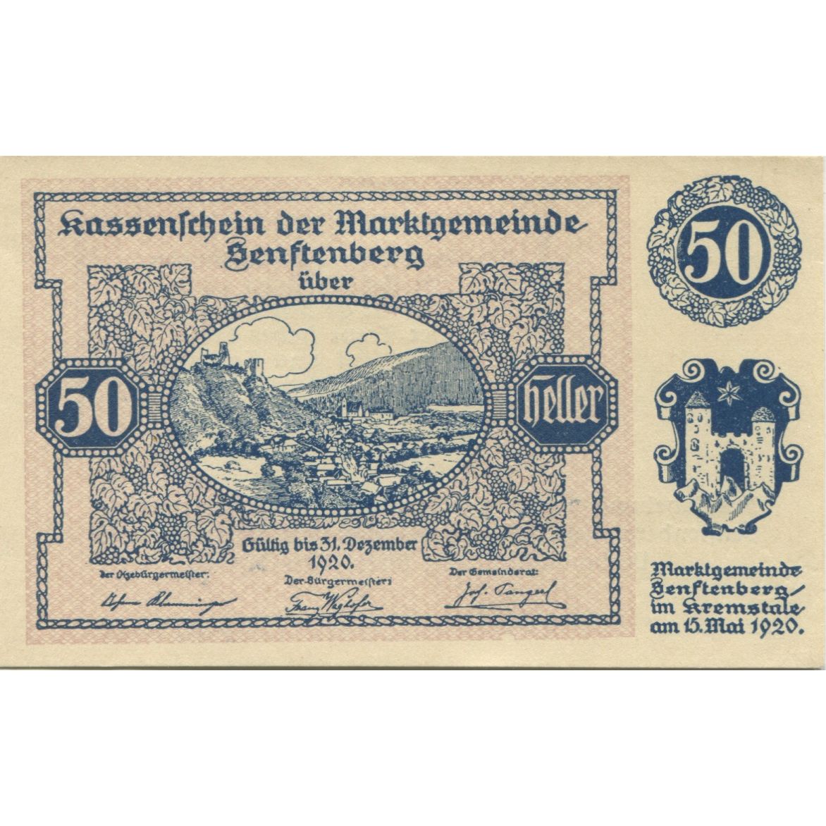 Banknote, Austria, Senftenberg, 50 Heller, château, 1920 UNC(63) Mehl:FS 993g
