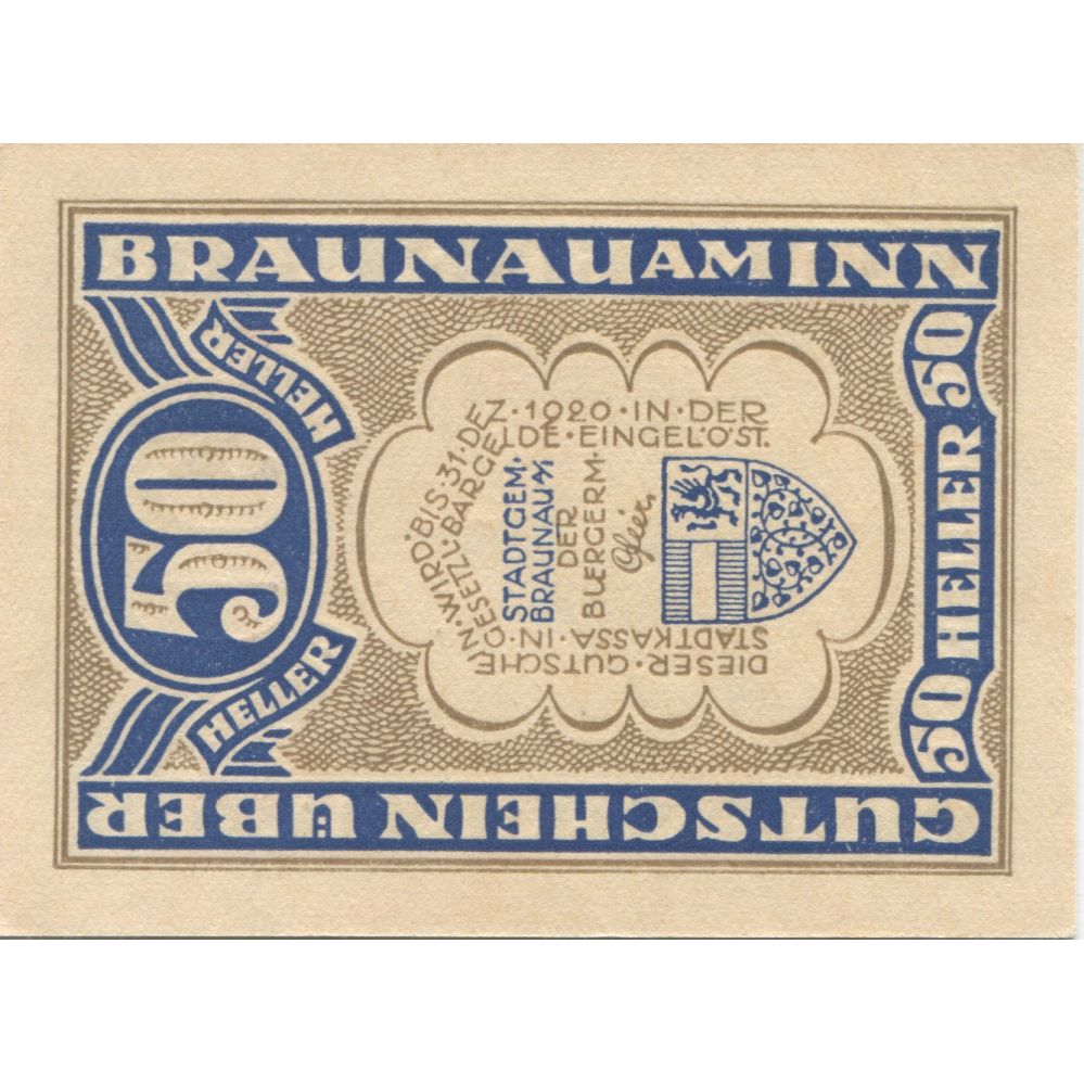 Banknote, Austria, Braunau, 50 Heller, village, 1920 UNC(63) Mehl:FS 101
