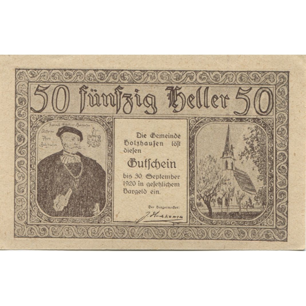 Billet, Autriche, Holzhausen, 50 Heller, Eglise 1920-09-30, SPL Mehl:FS 396a