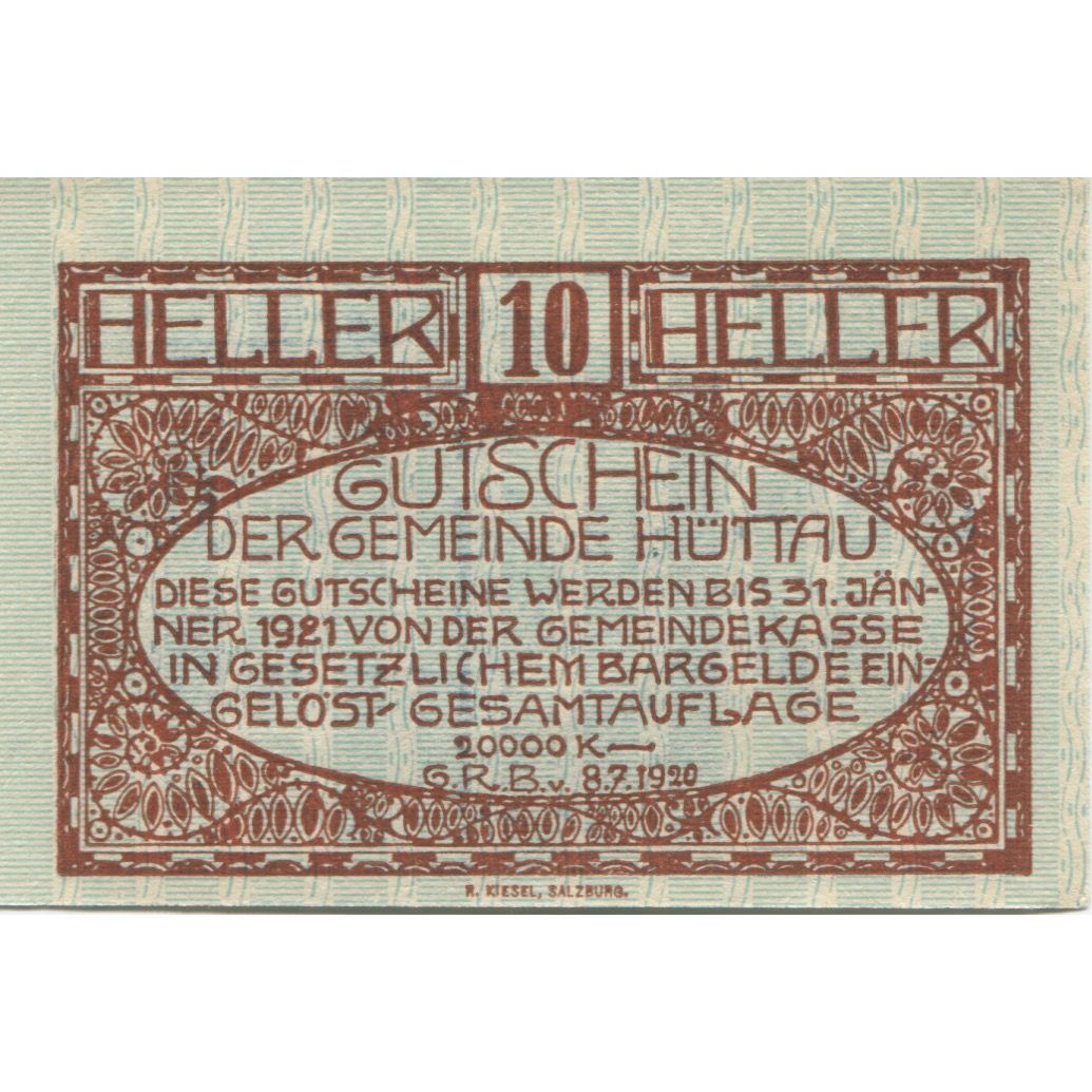 Geldschein, Österreich, Hüttau, 10 Heller, Forêt, 1921 UNZ- Mehl:FS 401a