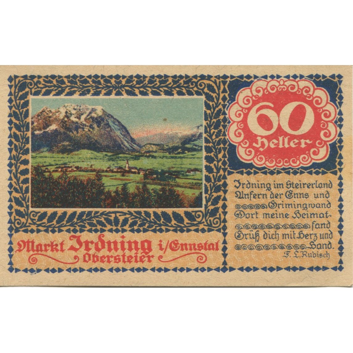Banknote, Austria, Irdning, 60 Heller, paysage, UNC(63), Mehl:FS 416