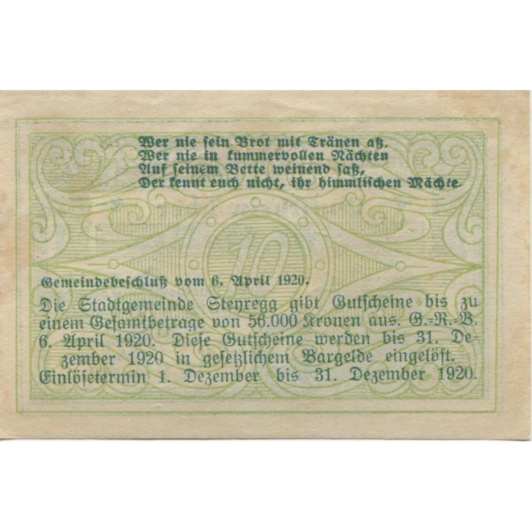 Banknote, Austria, Steyregg, 10 Heller, manoir, 1920 UNC(63) Mehl:FS 1036Ia