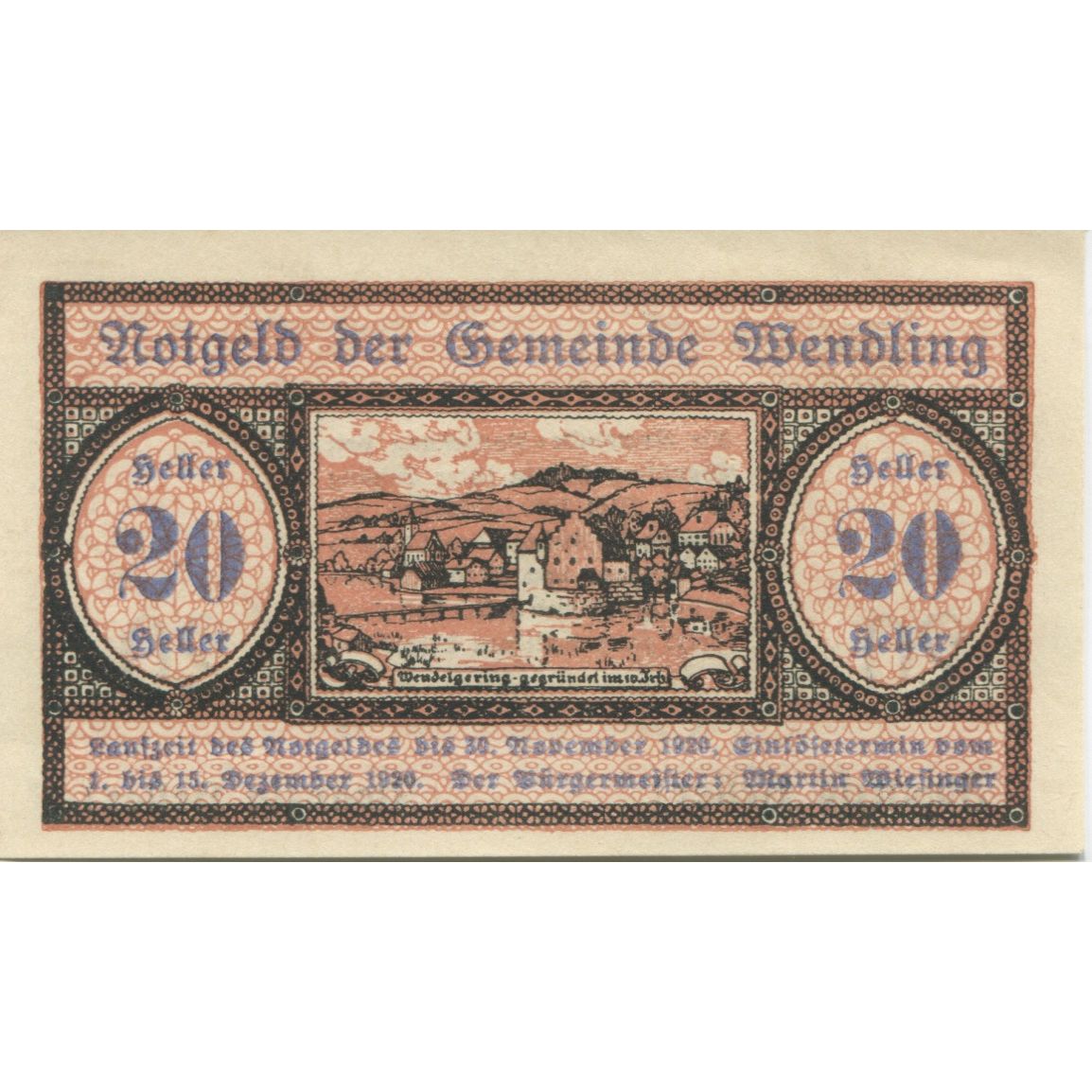 Geldschein, Österreich, Wendling, 20 Heller, village 1920, UNZ- Mehl:FS 1170a