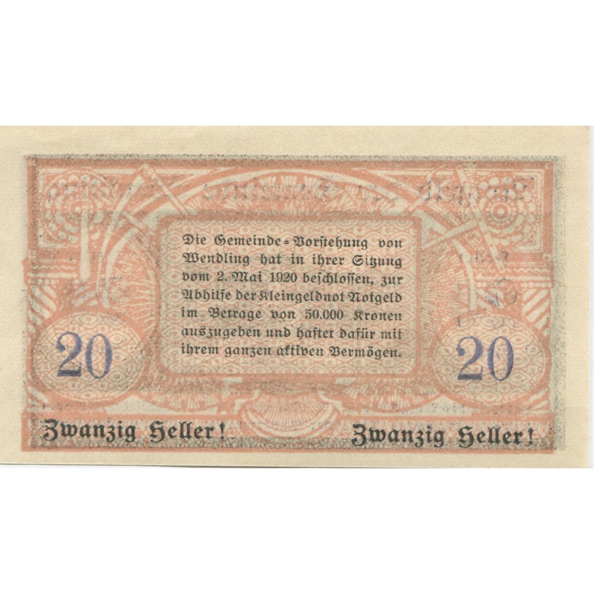 Geldschein, Österreich, Wendling, 20 Heller, village 1920, UNZ- Mehl:FS 1170a