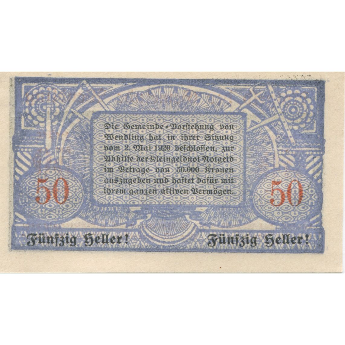 Banknote, Austria, Wendling, 50 Heller, paysage, 1920 UNC(63) Mehl:FS 1170a