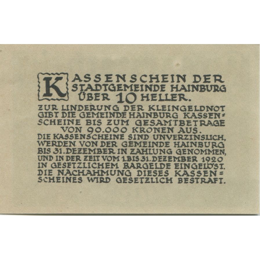 Banknote, Austria, Hainburg, 10 Heller, Blason, 1920, UNC(63) Mehl:FS 337a