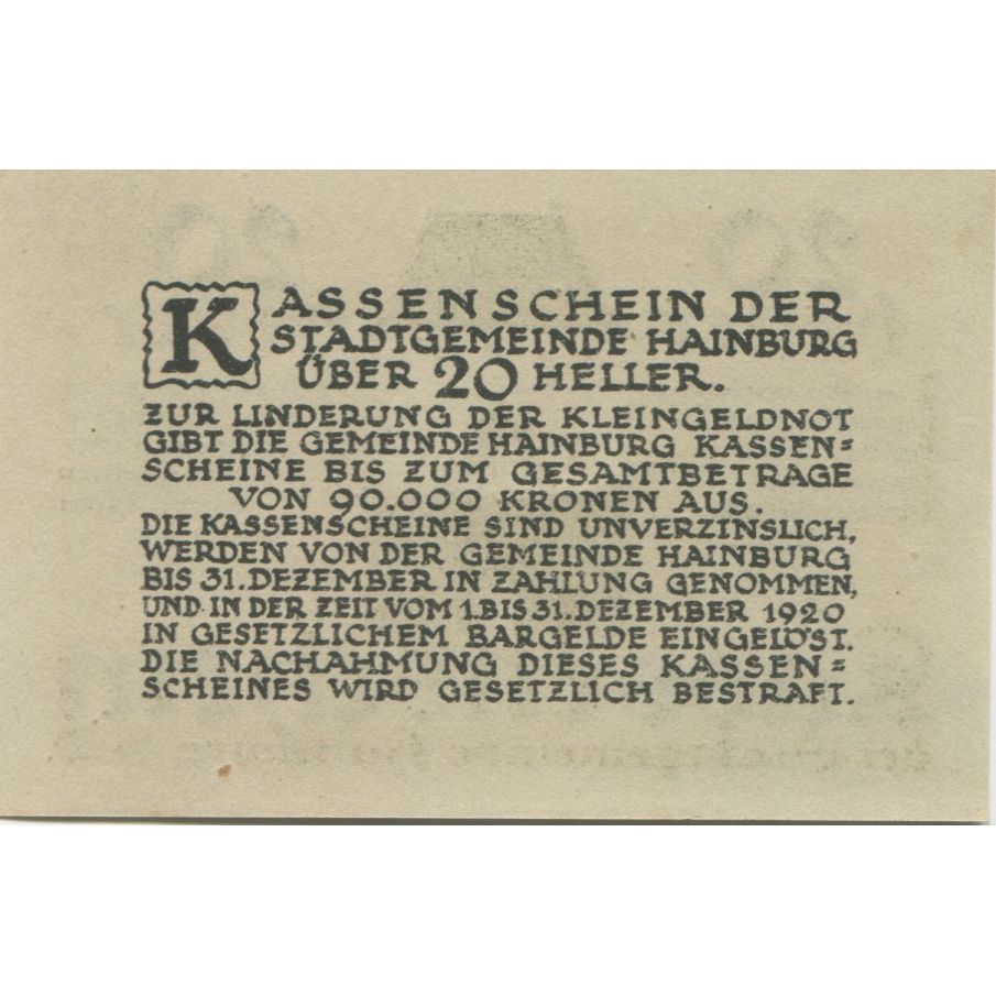 Banknote, Austria, Hainburg, 20 Heller, château, 1920 UNC(63) Mehl:FS 337a