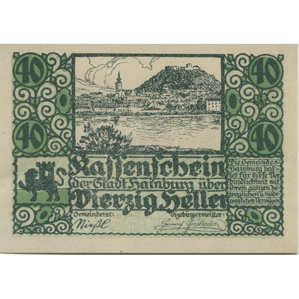 Billet, Autriche, Hainburg, 40 Heller, paysage 1920-12-31, SPL Mehl:FS 337a
