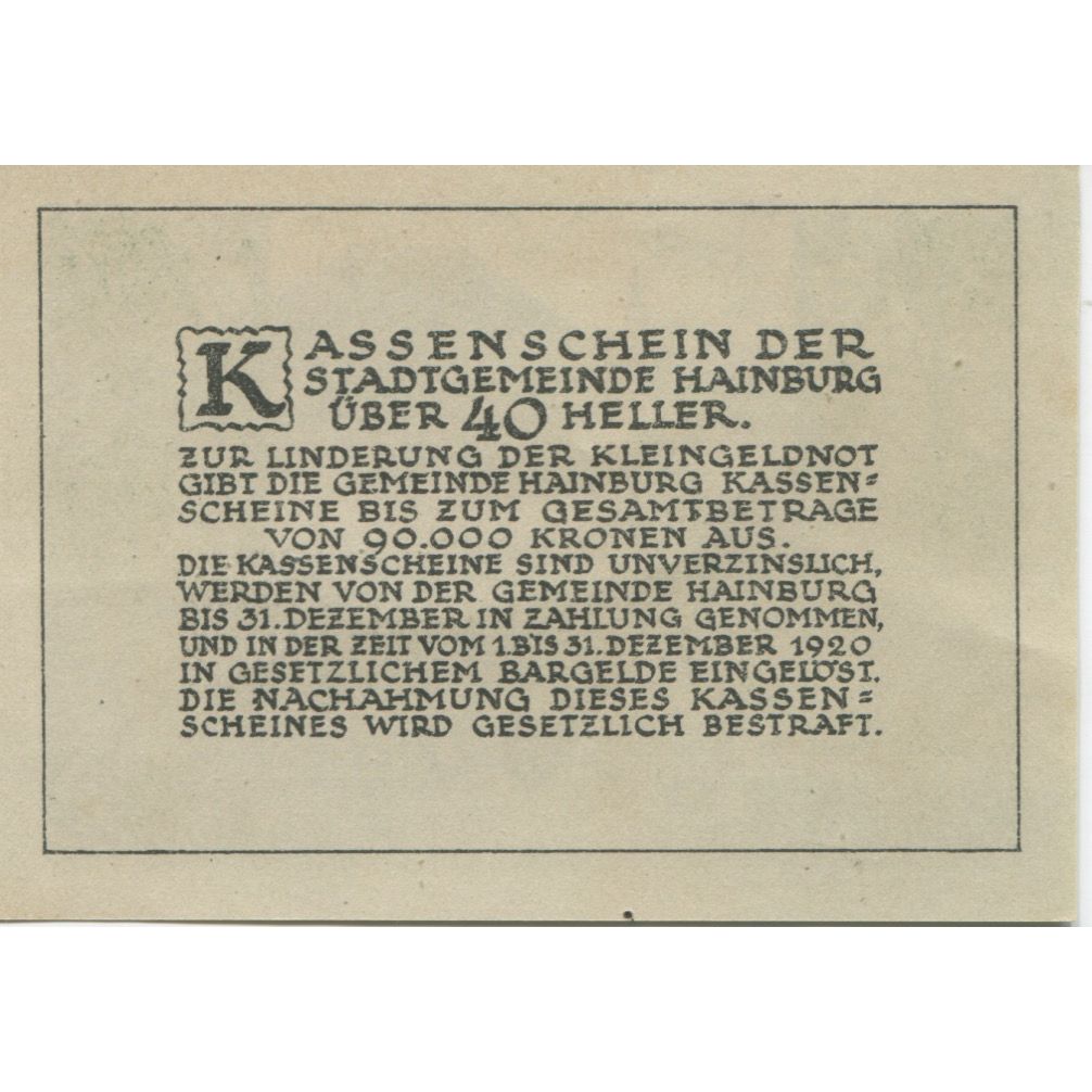 Billet, Autriche, Hainburg, 40 Heller, paysage 1920-12-31, SPL Mehl:FS 337a