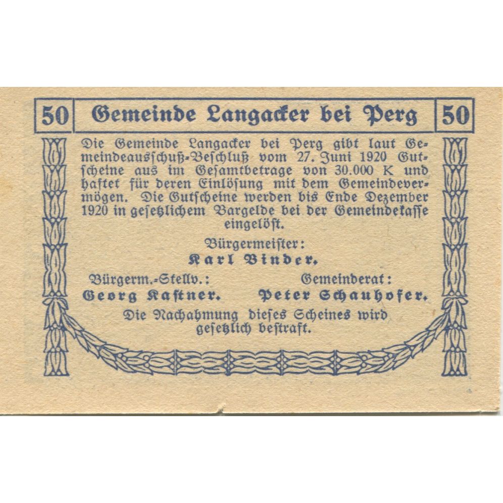 Banknote, Austria, Langacker, 50 Heller, château, 1920 UNC(63) Mehl:FS 500a