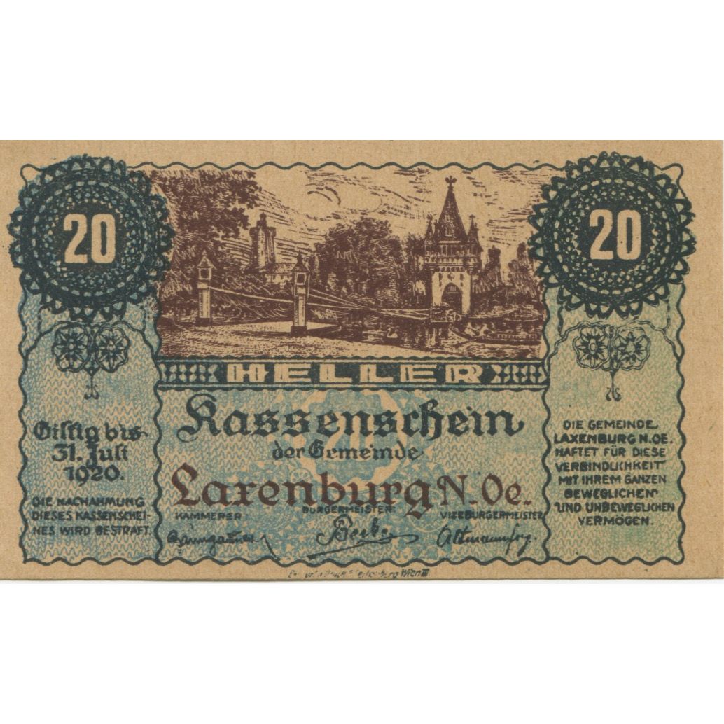 Geldschein, Österreich, Laxenburg, 20 Heller, château, 1920 UNZ- Mehl:FS 507b