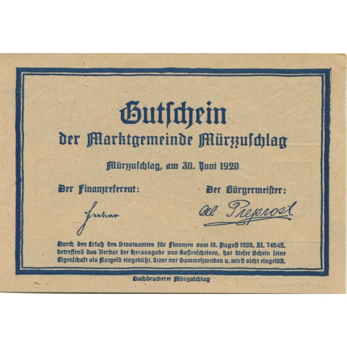 Geldschein, Österreich, Mür Aufchlag, 20 Heller, château, 1920 UNZ- Mehl:FS 639c