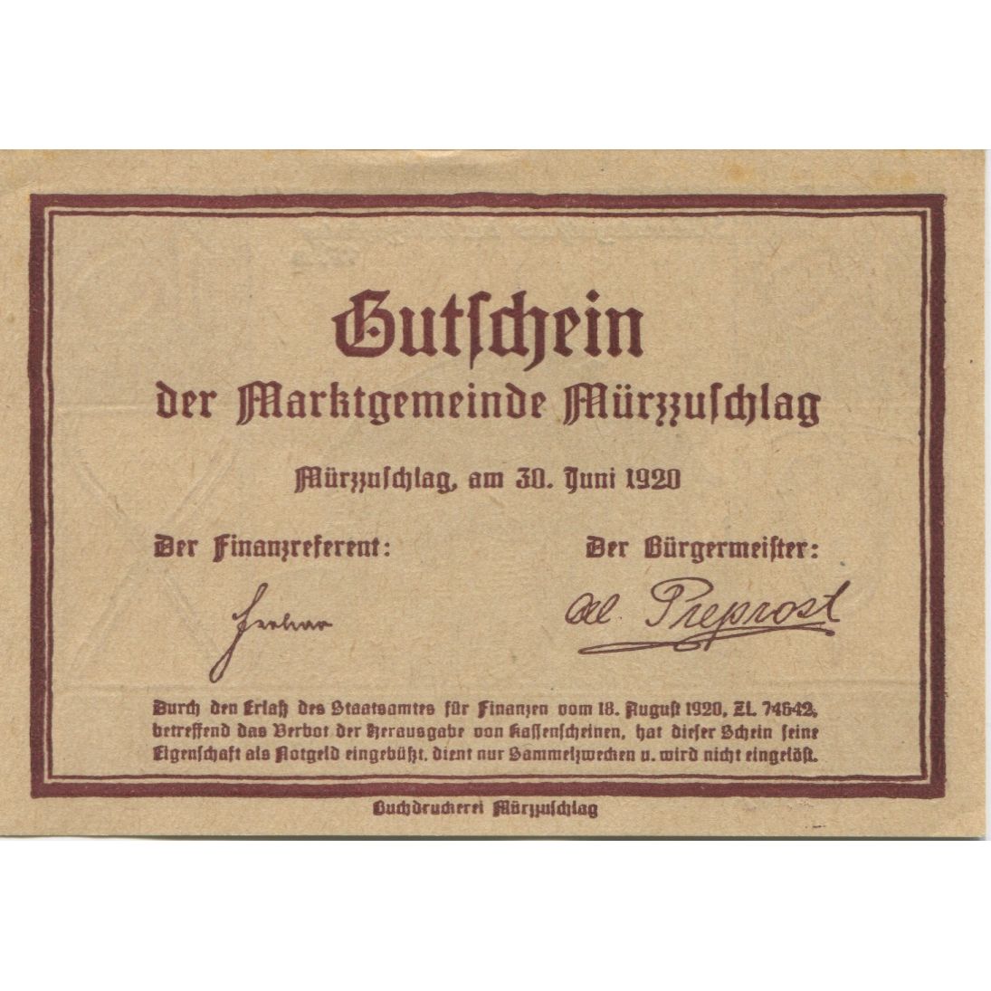 Banknote, Austria, Mür Aufchlag, 10 Heller, chalet, 1920 UNC(63) Mehl:FS 639c