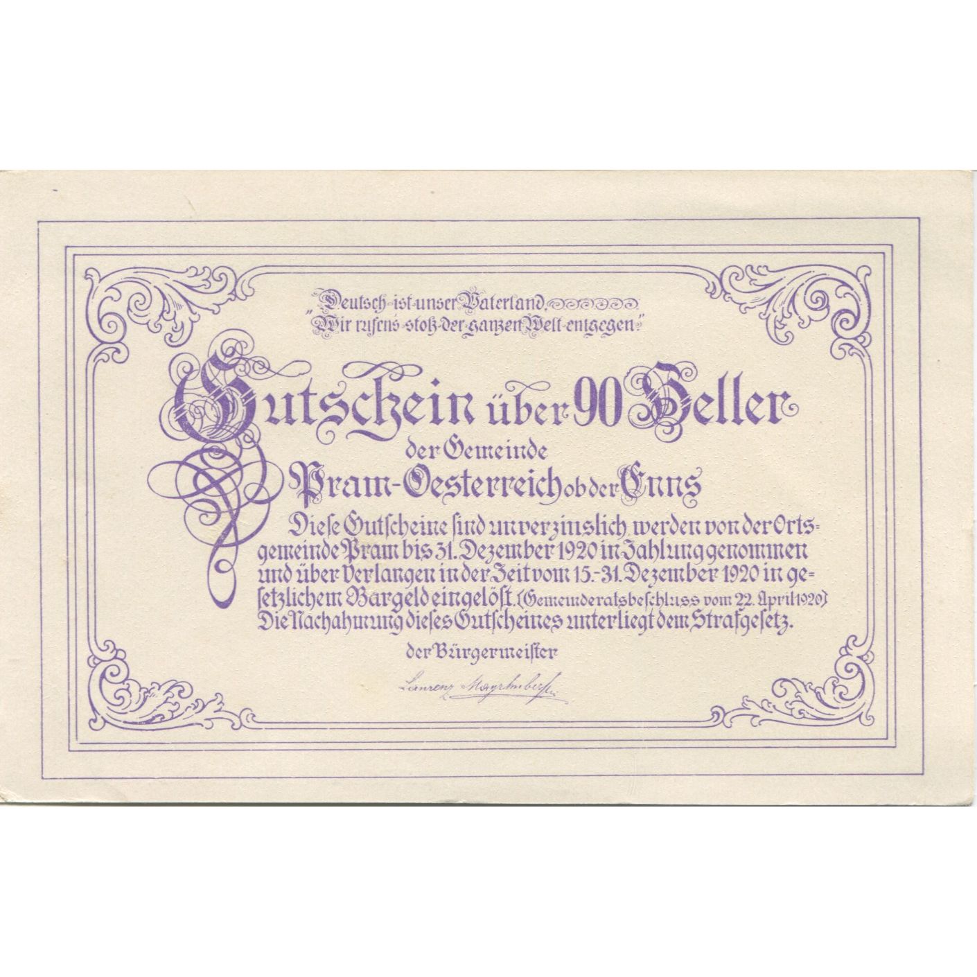 Biljet, Oostenrijk, Pram, 90 Heller, portrait 1920-12-31, SPL, Mehl:FS 778a
