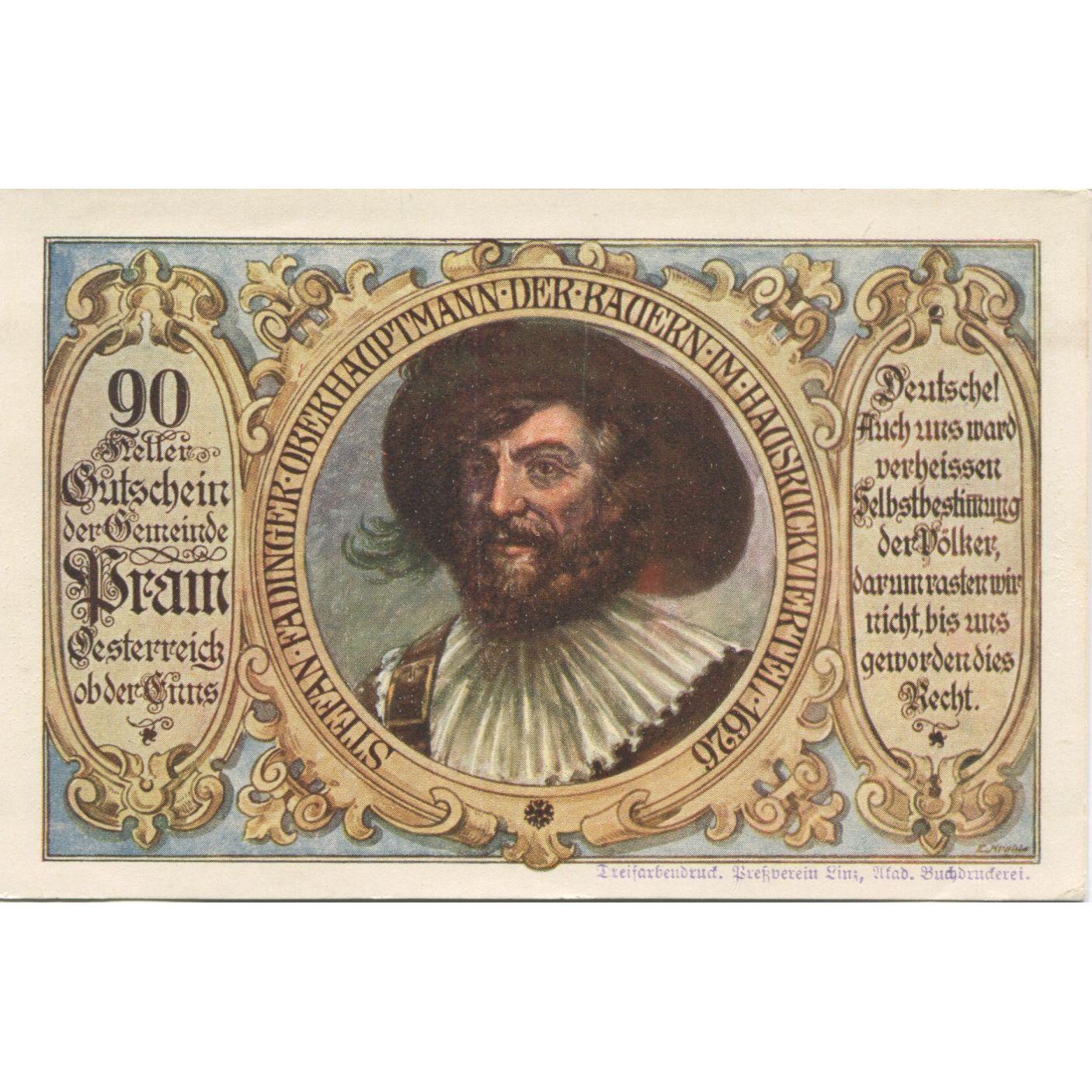 Biljet, Oostenrijk, Pram, 90 Heller, portrait 1920-12-31, SPL, Mehl:FS 778a