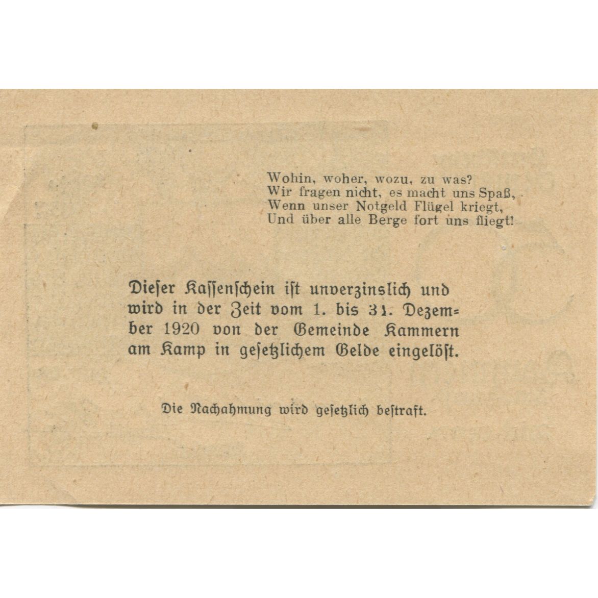 Banknote, Austria, Kammern am Kamp, 50 Heller, château, 1920 UNC(63) Mehl:FS 424