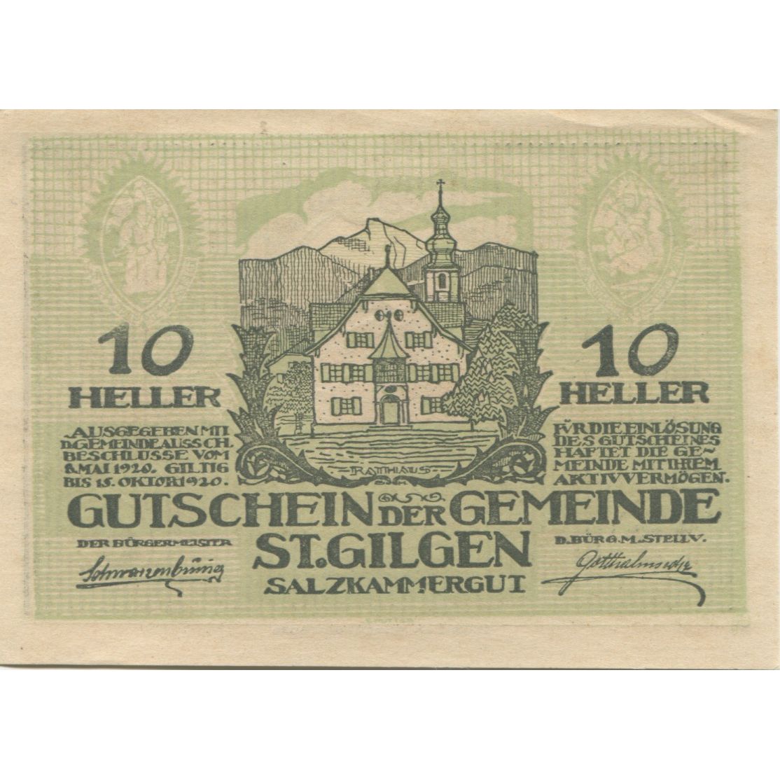 Nota, Áustria, St Gilgen, 10 Heller, Eglise 1920-10-15, UNC(63), Mehl:FS 891a
