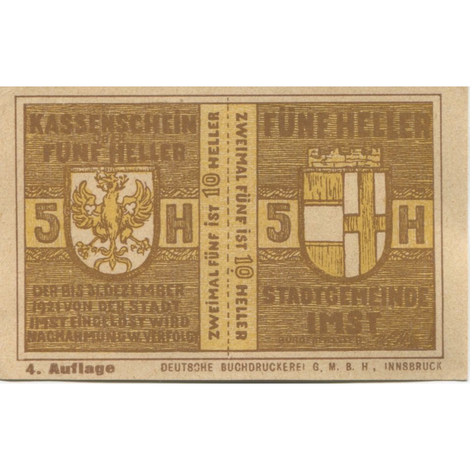 Geldschein, Österreich, Imst, 50 Heller, Blason, 1920, UNZ- Mehl:FS 405a