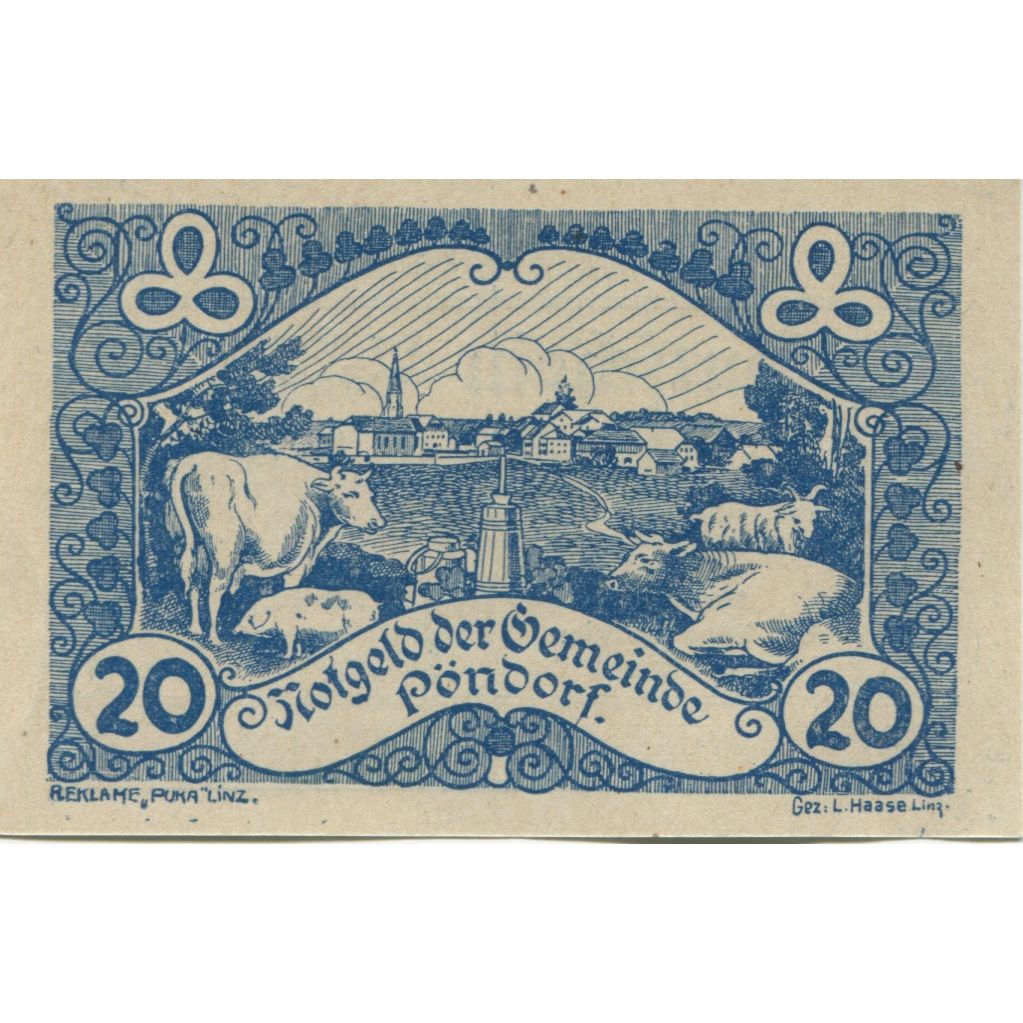Biljet, Oostenrijk, Pöndorf, 20 Heller, champs, SPL, Mehl:FS 757a