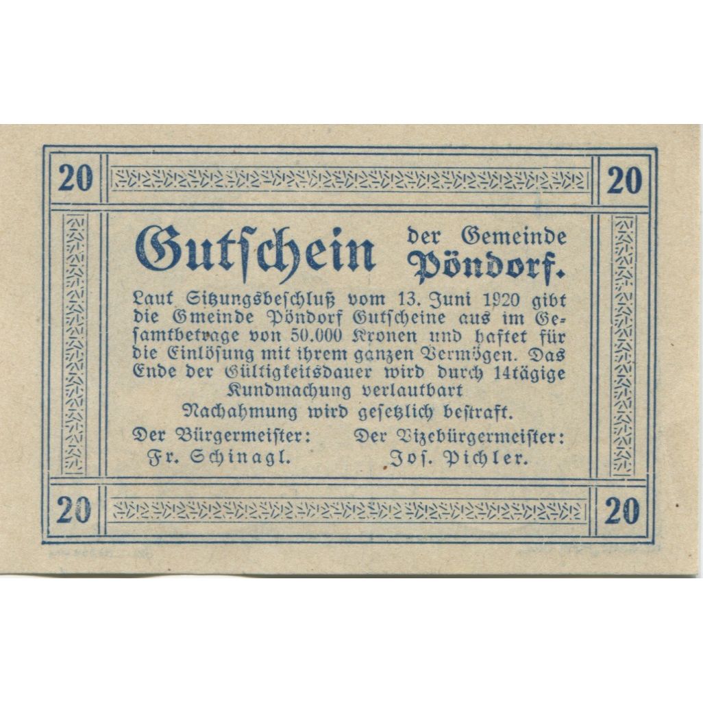 Biljet, Oostenrijk, Pöndorf, 20 Heller, champs, SPL, Mehl:FS 757a