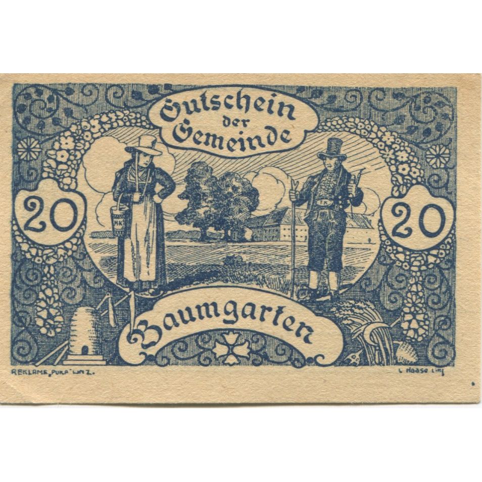 Biljet, Oostenrijk, Baumgarten, 20 Heller, personnage 1921 SPL Mehl:FS 78a